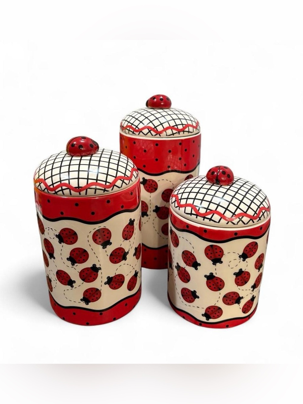 Vintage Ladybug Kitchen Canisters Set 3 Pc Ceramic Storage Jars Cottagecore